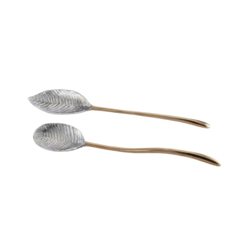 Serving Spoons Set - Leaves Shape Silver with Gold Handle