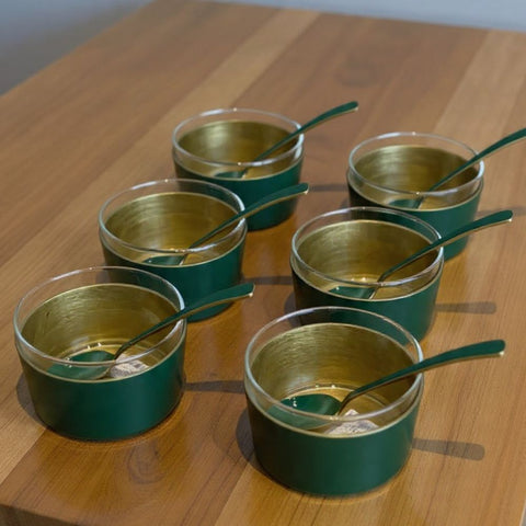 Green Enamel Meghle Bowls & Spoons