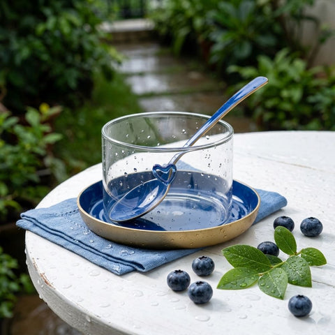 Meghle cups heart w. Blue saucers and Spoon