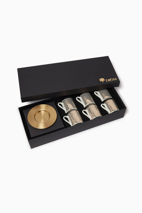 Tri Gold Espresso Cups with Brass Saucers – Set of 6