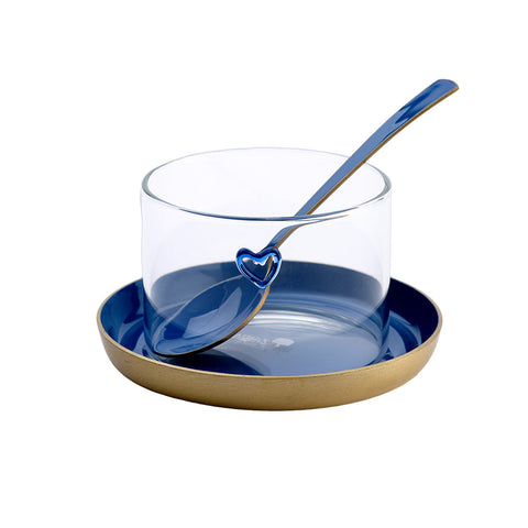 Meghle cups heart w. Blue saucers and Spoon