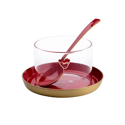 Meghle cups heart w. Blue saucers and Spoon