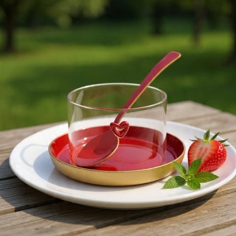 Meghle cups heart w. Blue saucers and Spoon