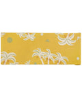 Yellow rectangular fabric with palm tree and flower pattern on a beige background
